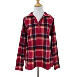 Eddie Bauer Venture Sweater Womens S Small Dark Berry Plaid Quarter Zip Fleece